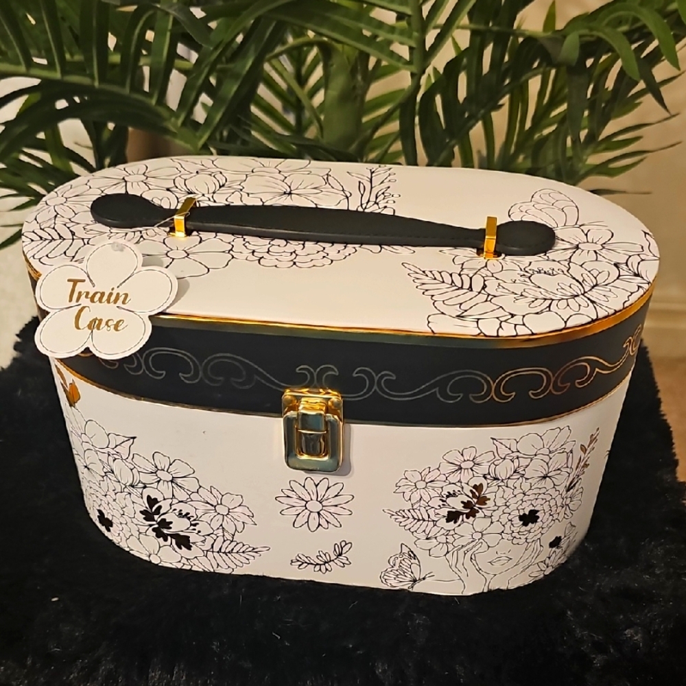 Chic Floral Cosmetic Train Case - Black and White